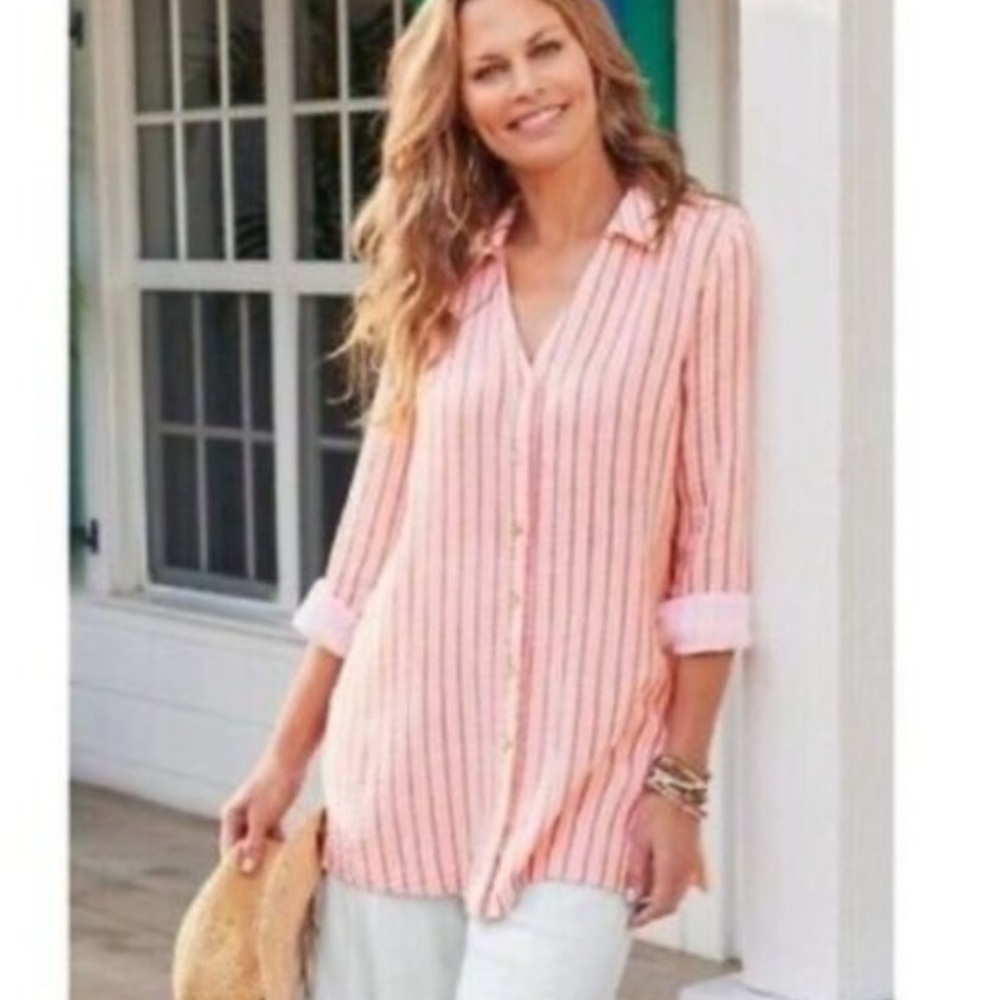 Soft Surroundings Escambia Gauze Tunic Top Orange Stripe Size Large